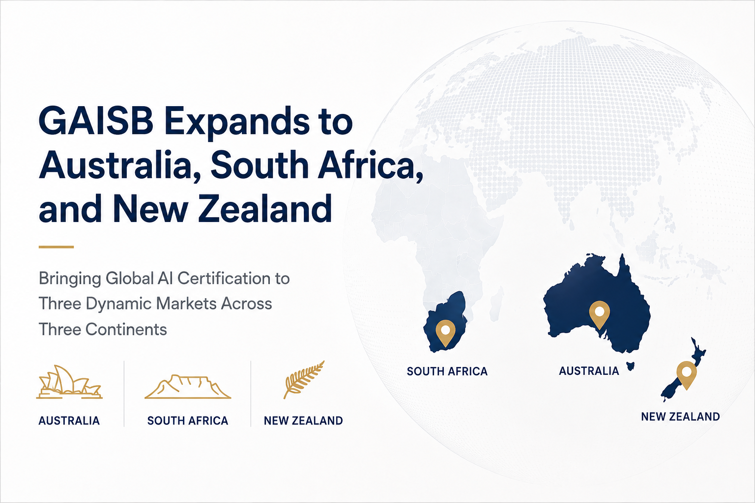 GAISB Expands to Australia, South Africa, and New Zealand, globe with the three launch markets highlighted
